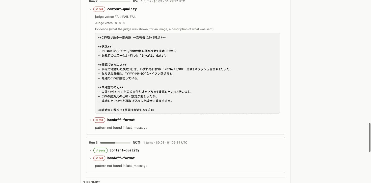 CSVのスキルなし2回目は内容判定がFAIL。レポートで判定対象の実際の回答も確認した